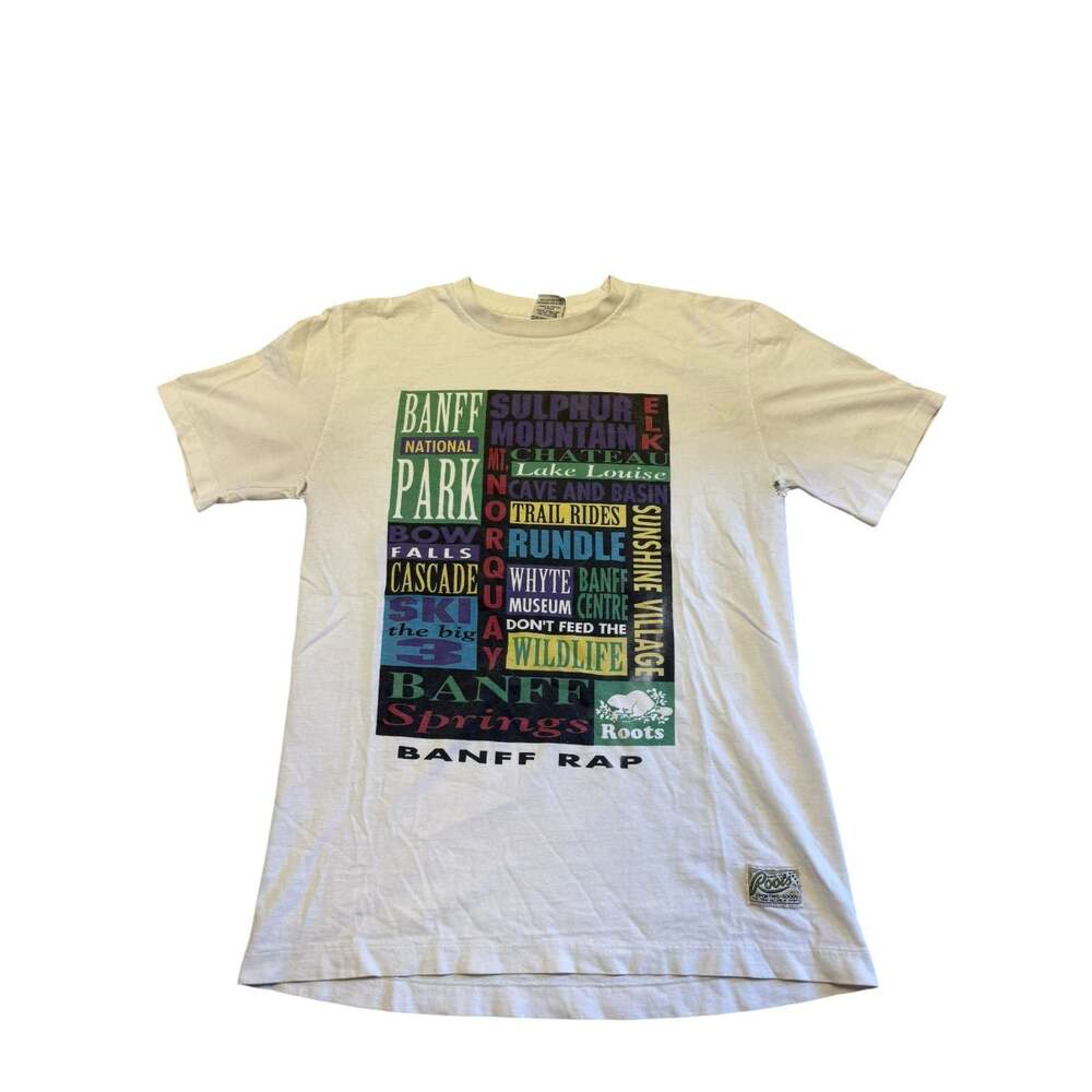 Vintage 90s Roots Banff National Park Graphic T-Shirt Medium Made in Canada